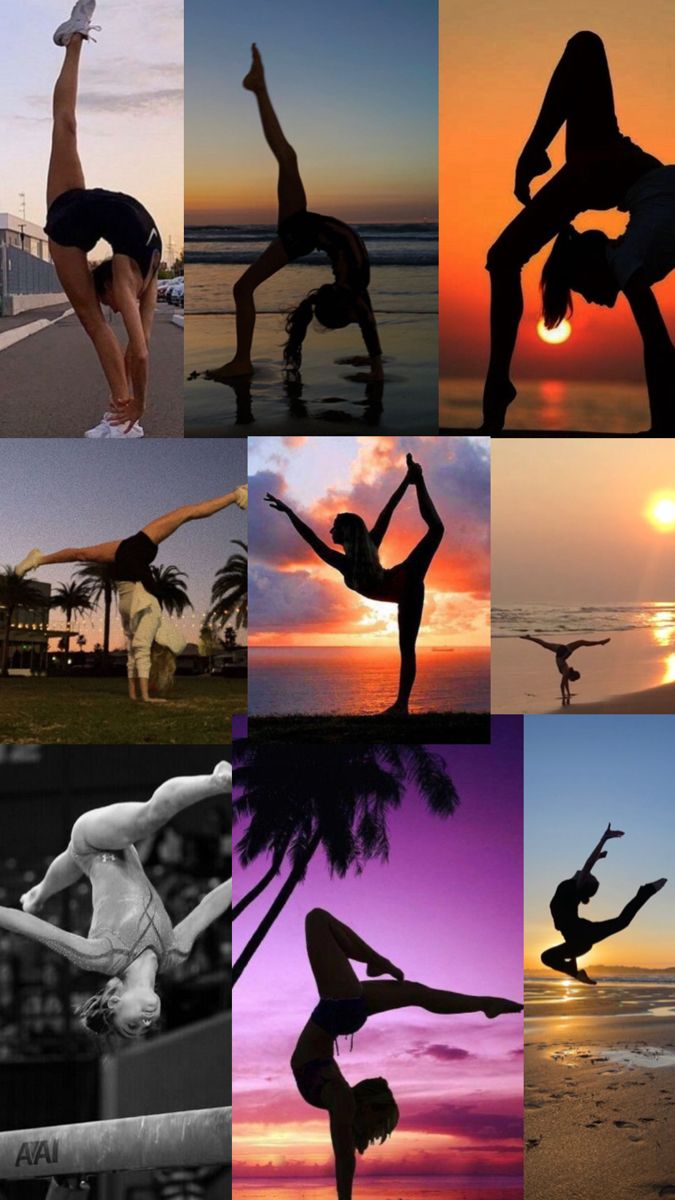 the silhouettes of people doing different poses on the beach at sunset or sunrise,