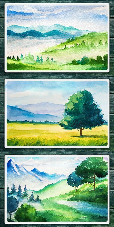 three watercolor paintings with mountains and trees in the background, each painted on paper