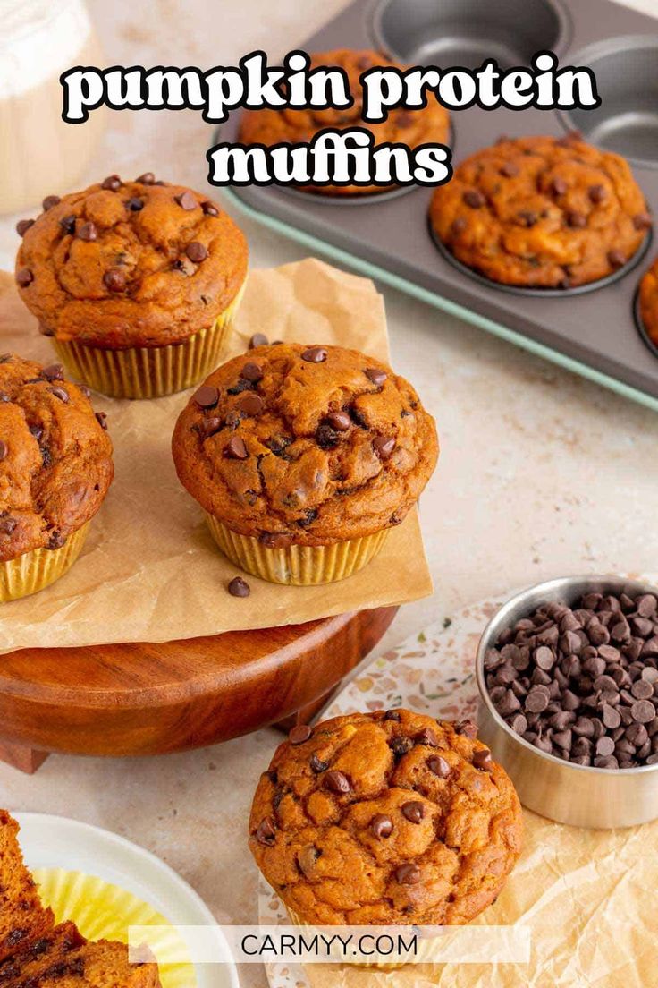 pumpkin protein muffins with chocolate chips on top