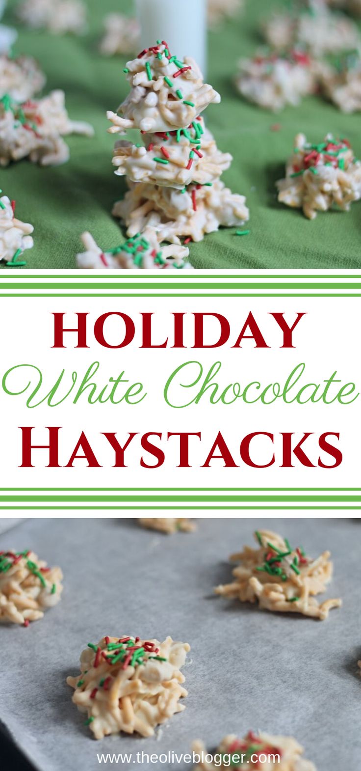 holiday white chocolate haystacks with sprinkles on top and in the background