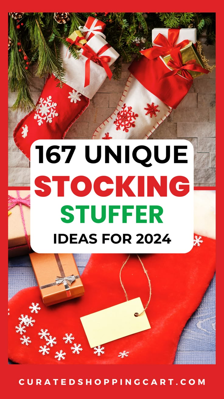 stockings and presents with the text, 17 unique stocking stuff for christmas