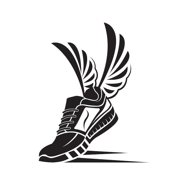 a pair of running shoes with wings on the soles, black and white illustration