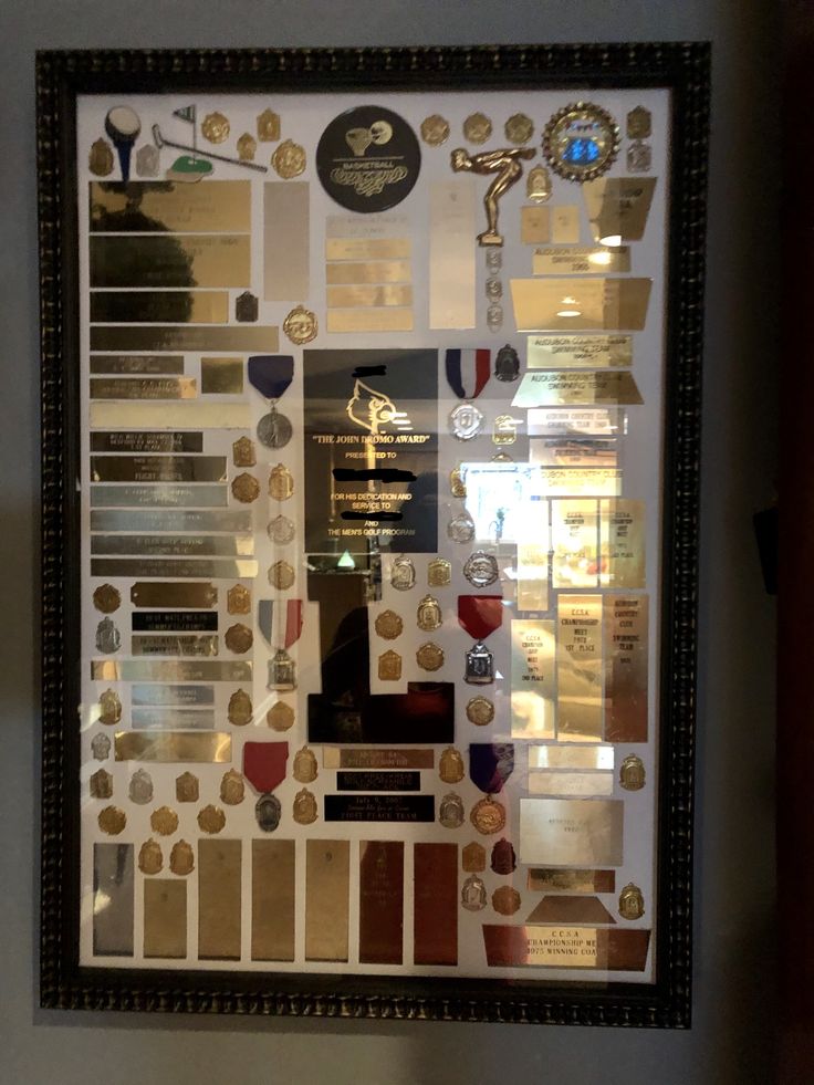 a display case with many different types of buttons and medals on the wall above it