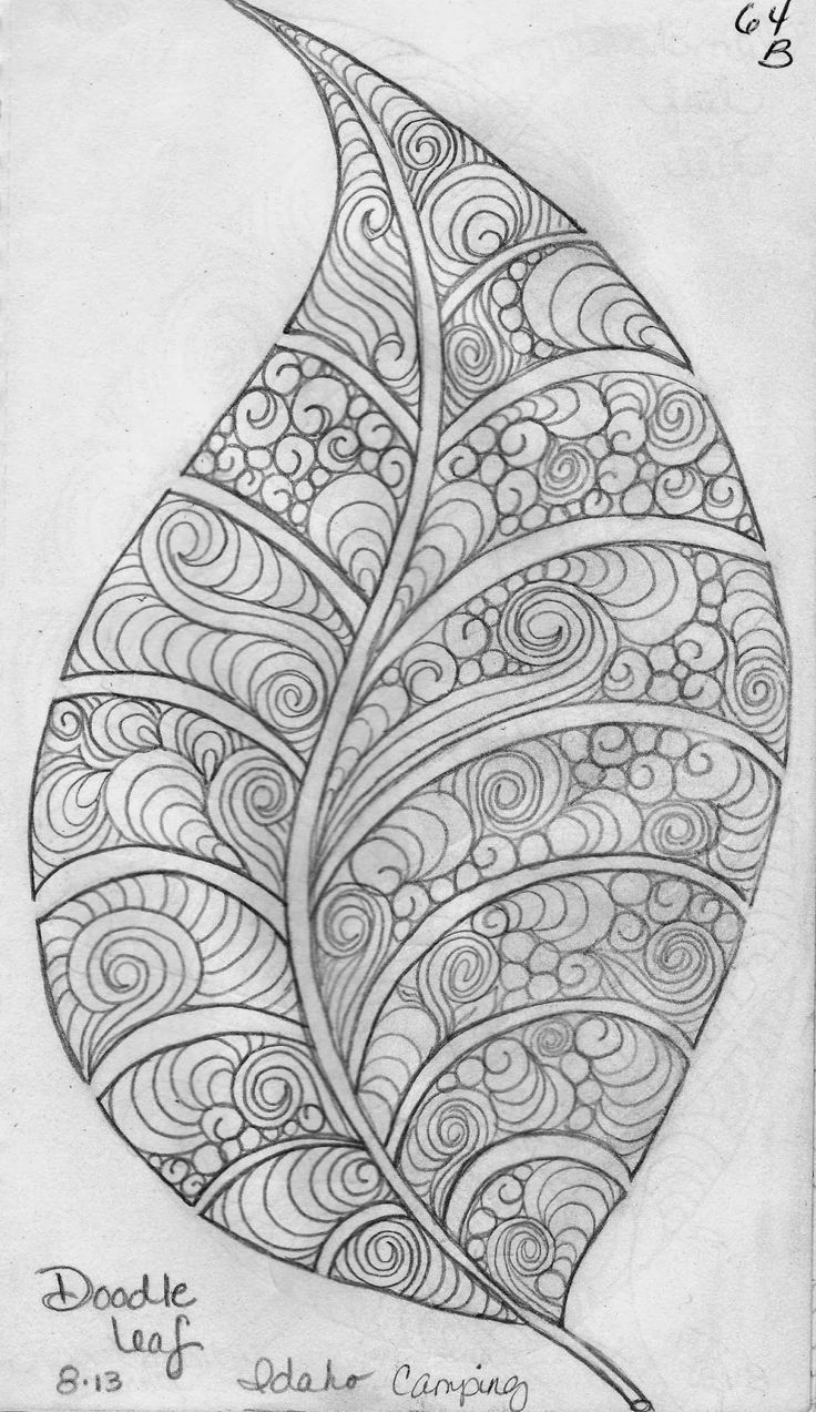 a black and white drawing of a leaf with swirly designs on it's side