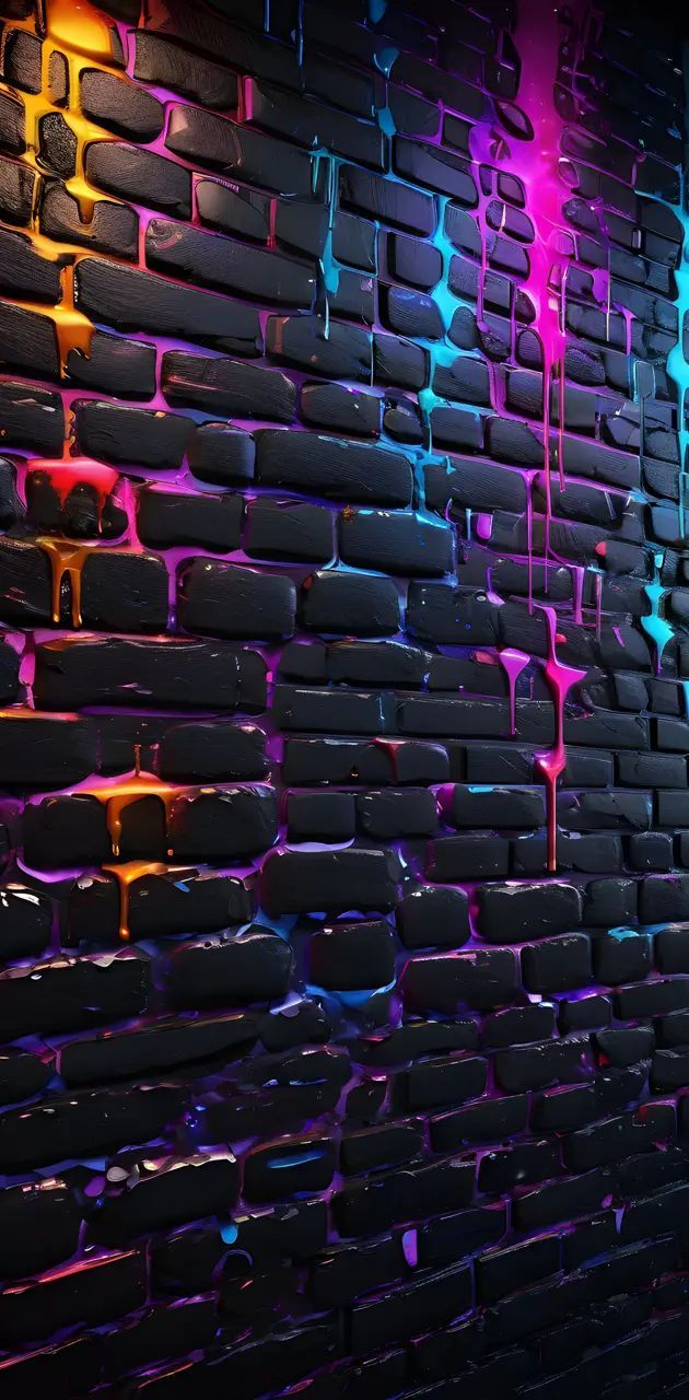 a brick wall with neon paint dripping down the side and on it's sides