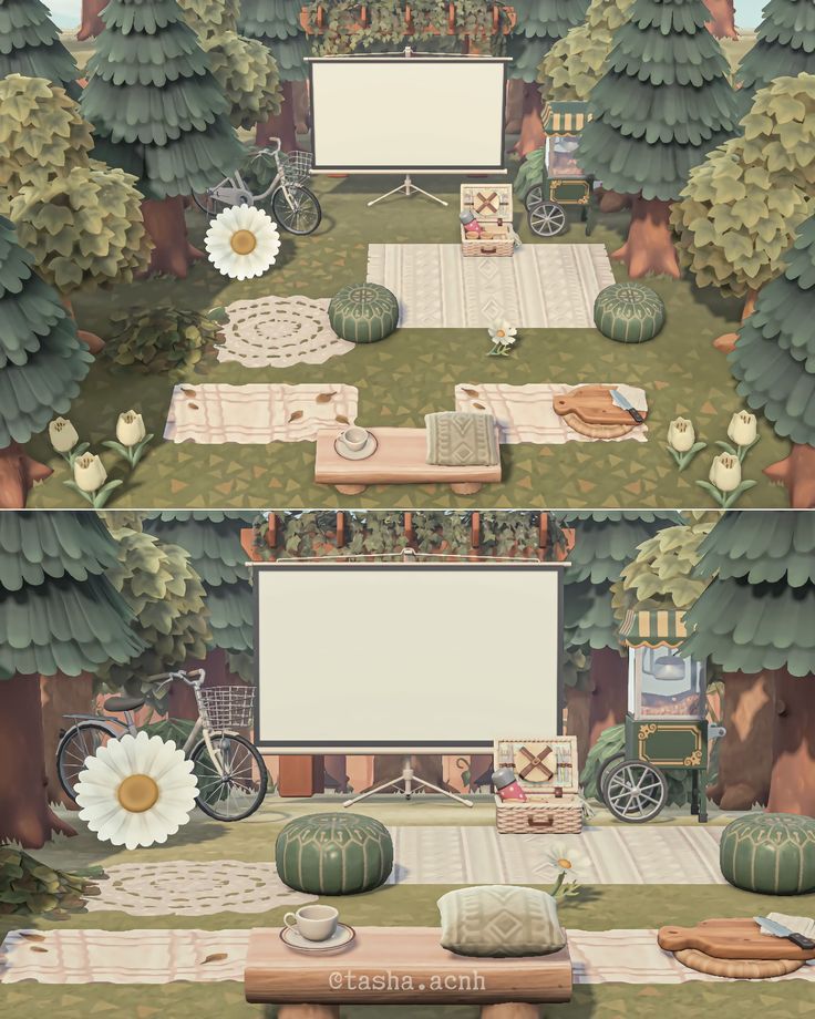 two screens show an outdoor area with picnic tables and benches