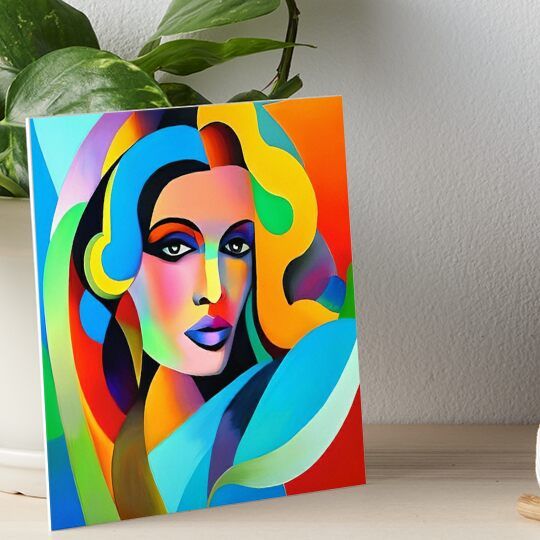 a painting of a woman's face on a colorful background art board print