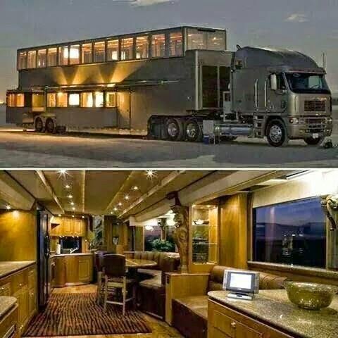 two pictures side by side one has a large bus and the other has a dining area