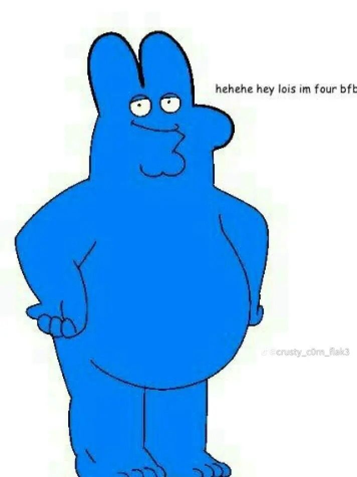 a blue cartoon character standing in front of a white background with the caption hehe hey his im four blobs