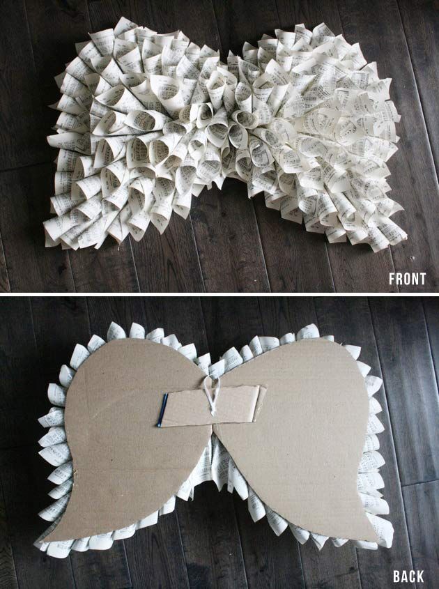 two pictures showing how to make an origami bow with paper machs on it