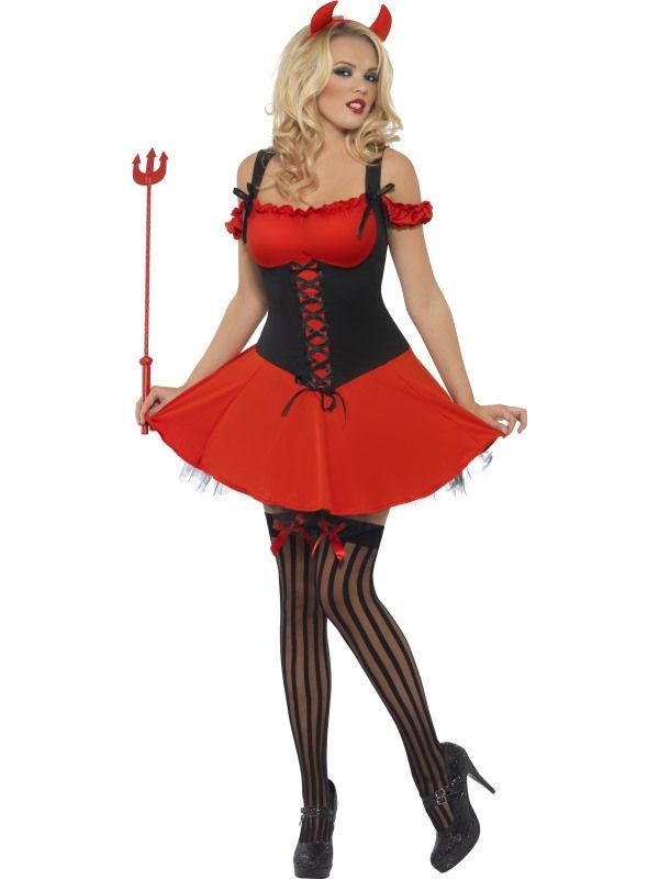 a woman in a red and black costume with horns on her head, holding a pitchfork