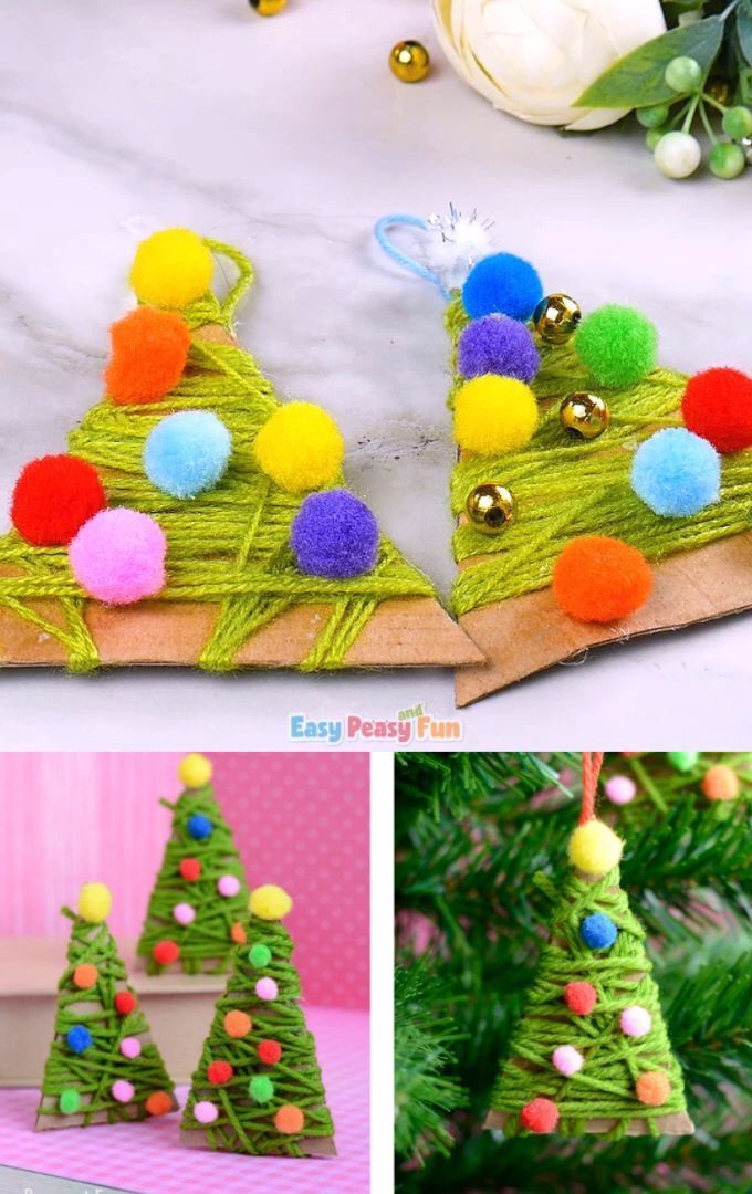 the christmas tree is made out of yarn and pom - poms for decoration