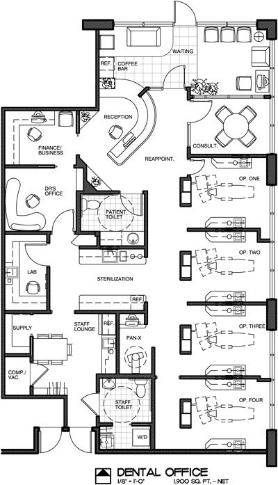 the dental office floor plan is shown in black and white, with three separate rooms