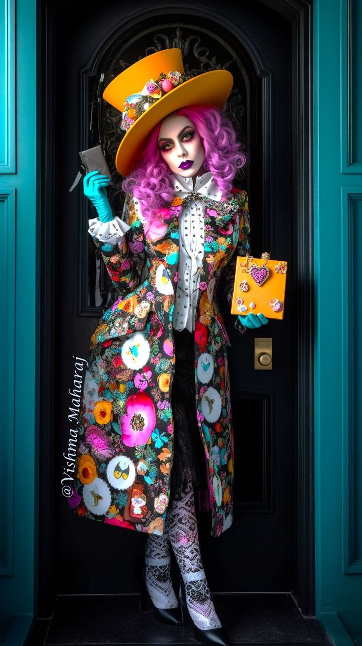 a woman dressed as a clown with pink hair wearing a colorful outfit and holding a yellow purse