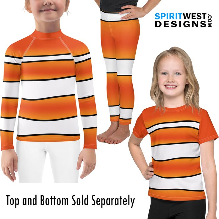 two children wearing orange and white striped shirts with black pants, one girl is standing in front of the other