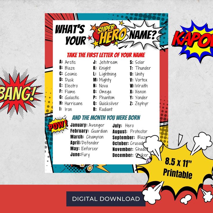 a poster with the words what's your hero name? and comic speech bubbles