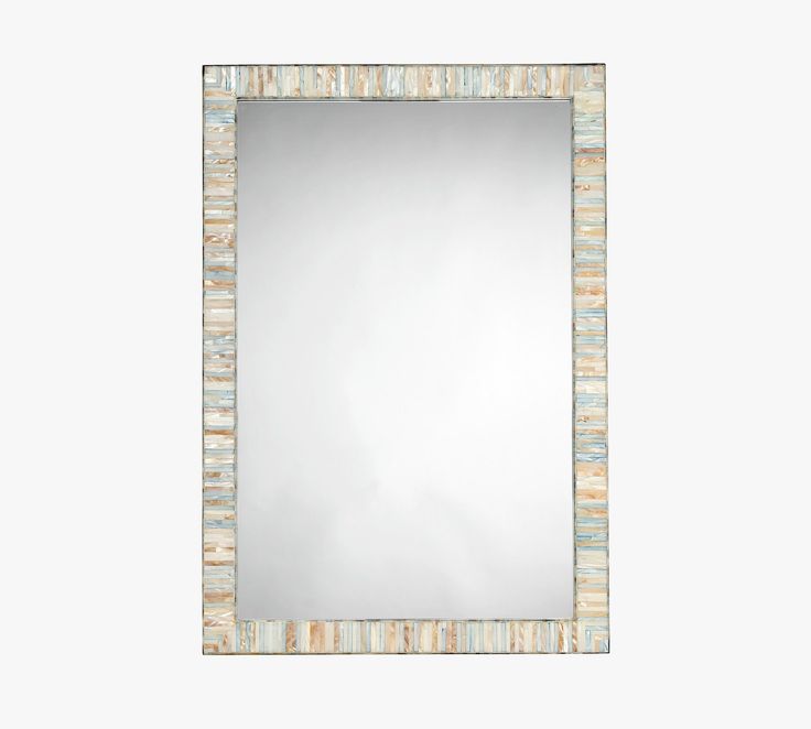 a square mirror with multicolored stripes on the frame and bottom half, in front of a white background