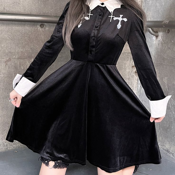 Color: BlackMaterial: Polyester Size Length(cm)(inch) Bust(cm)(inch) Waist(cm)(inch) S 83/32.67 88/34.64 68/26.77 M 85/33.46 93/36.61 73/28.74 L 87/34.25 98/38.58 78/30.70 Punk Long Sleeve Costume Dresses, Punk Style Long Sleeve Costume Dresses, Long Sleeve Punk Dresses For Cosplay, Gothic Knee-length Mini Dress, Punk Style Fitted Cosplay Dress, Gothic Mini Dress For Fall Cosplay, Witchy Long Sleeve Cosplay Dress, Gothic Black Winter Dresses, Fitted Black Dress For Costume Party