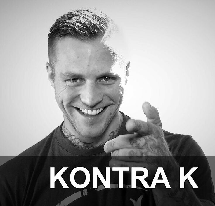 a black and white photo of a man smiling with the words kontra k above him