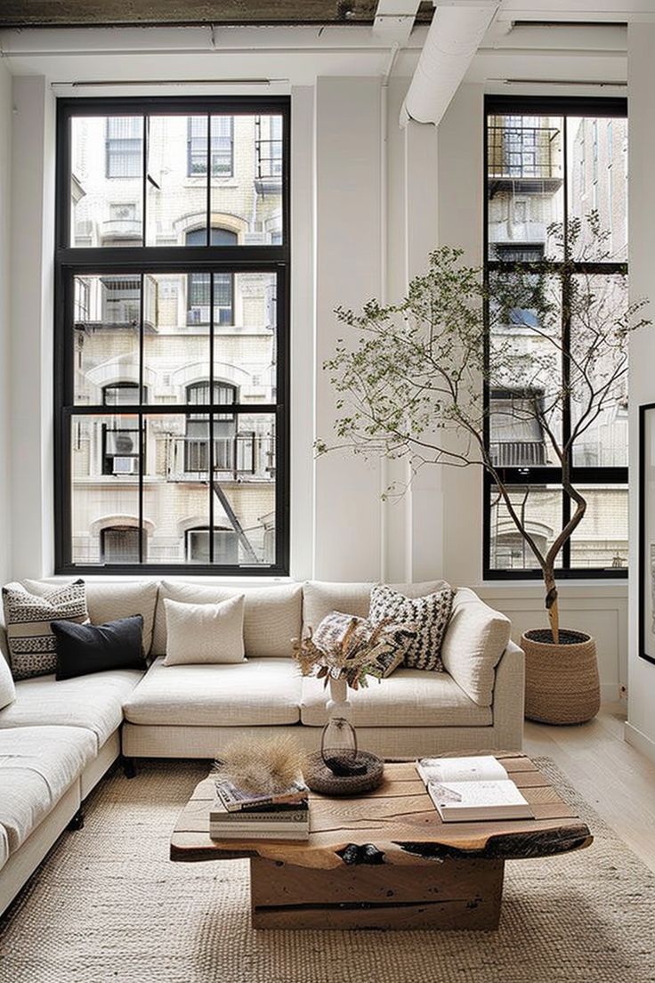 a living room filled with lots of furniture next to large windows and a tree in the corner