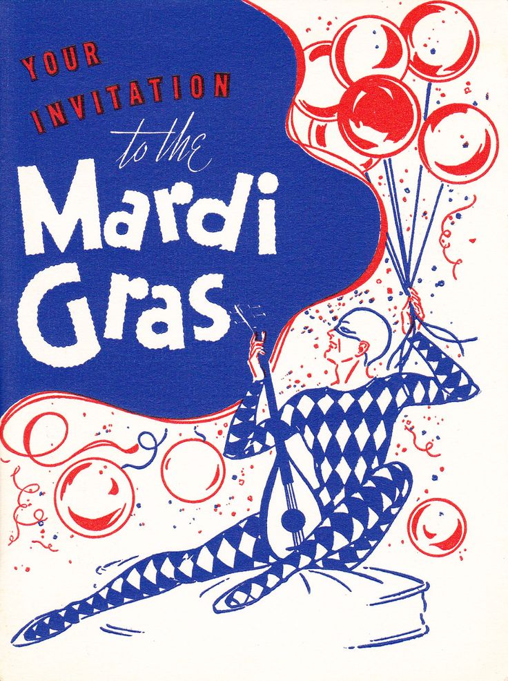 an advertisement for the mardi gras show, with balloons and streamers in blue