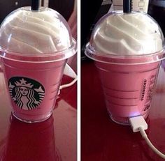 two pictures of a starbucks drink with whipped cream in it