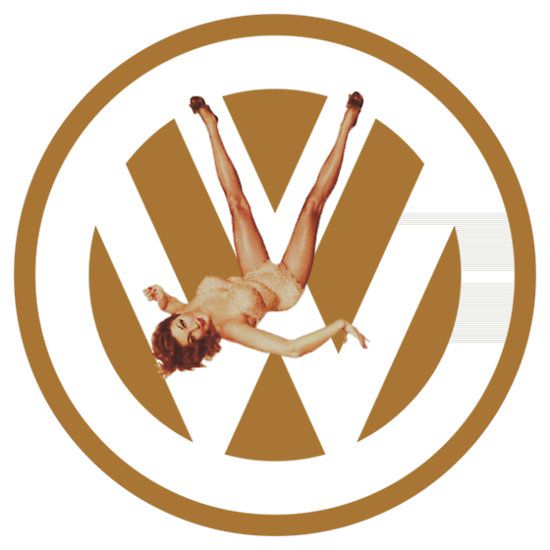 a woman is flying through the air in front of a vw logo