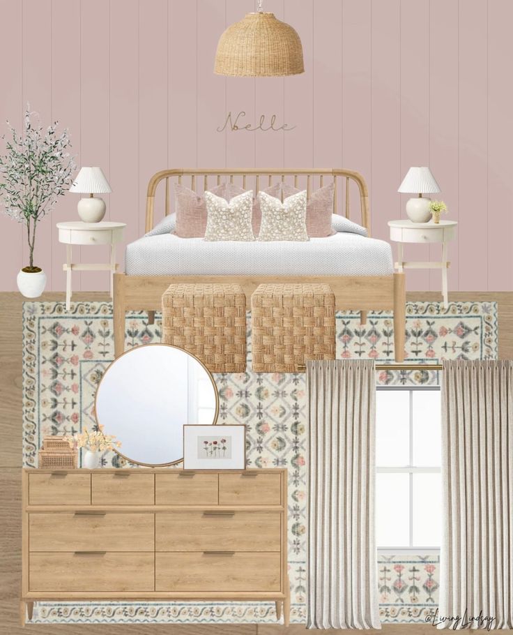 a bedroom with pink walls and furniture