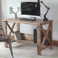 a wooden desk with a computer on it