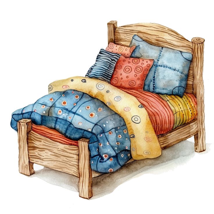 a watercolor painting of a bed with pillows and blankets on it's headboard