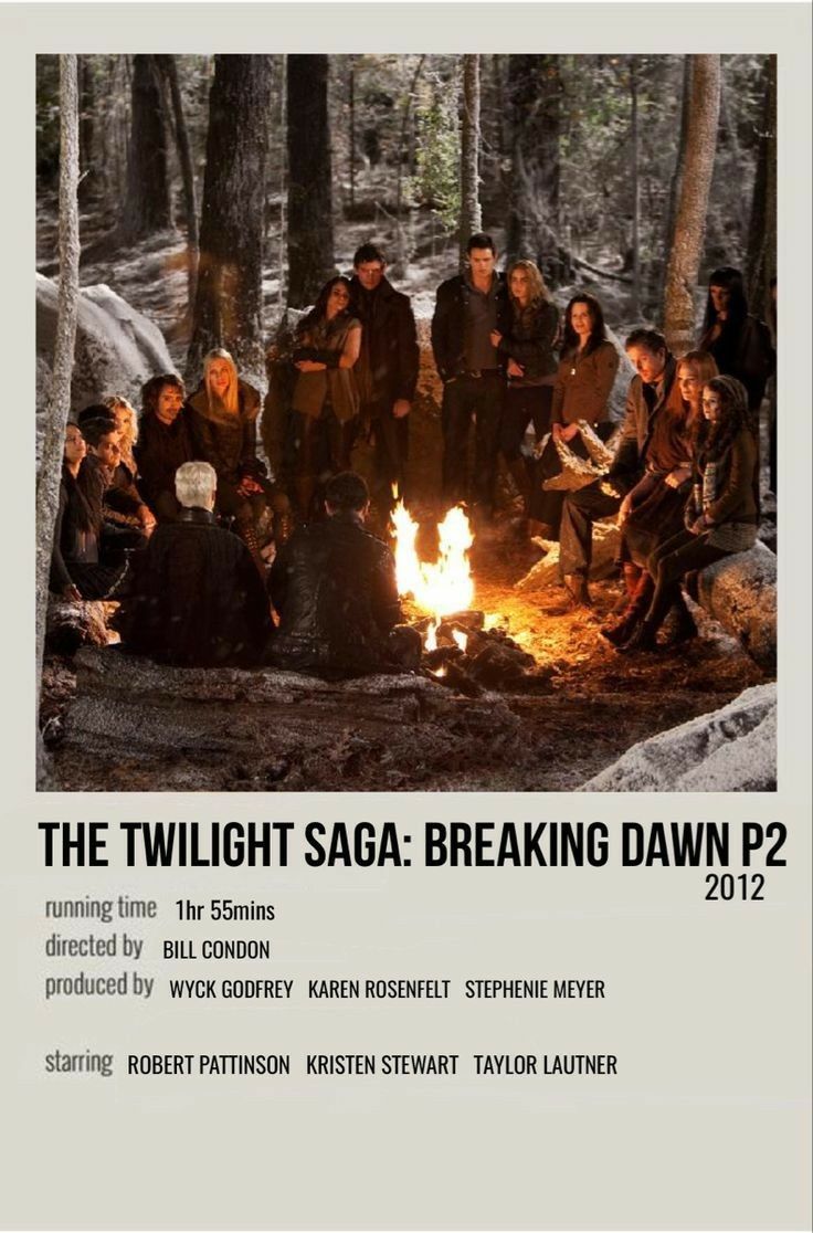 the twilight saga breaking dawn part 2 poster with cast and crew sitting around a campfire