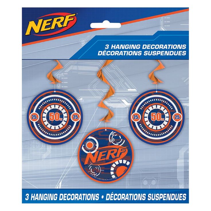 three hanging decorations with the words nerf in orange and blue on it's packaging