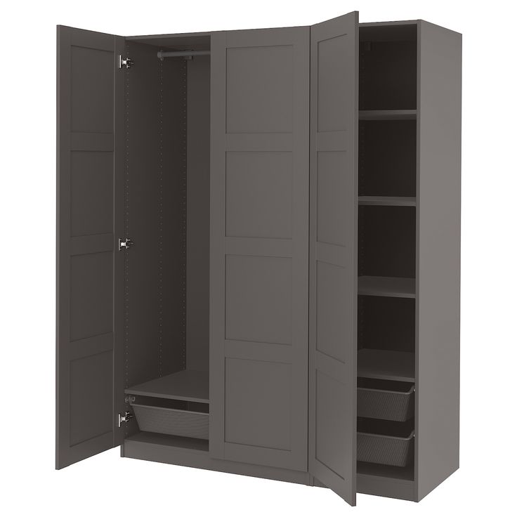 an open gray cabinet with shelves and drawers