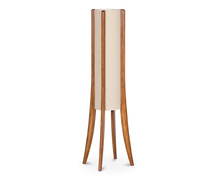 a tall wooden floor lamp with a white fabric shade on the top and bottom section