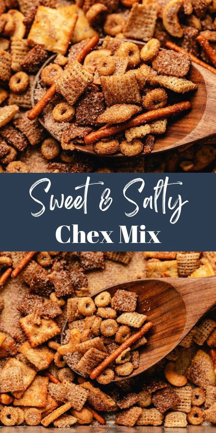 two wooden spoons filled with sweet and salty chex mix on top of a pile of cereal