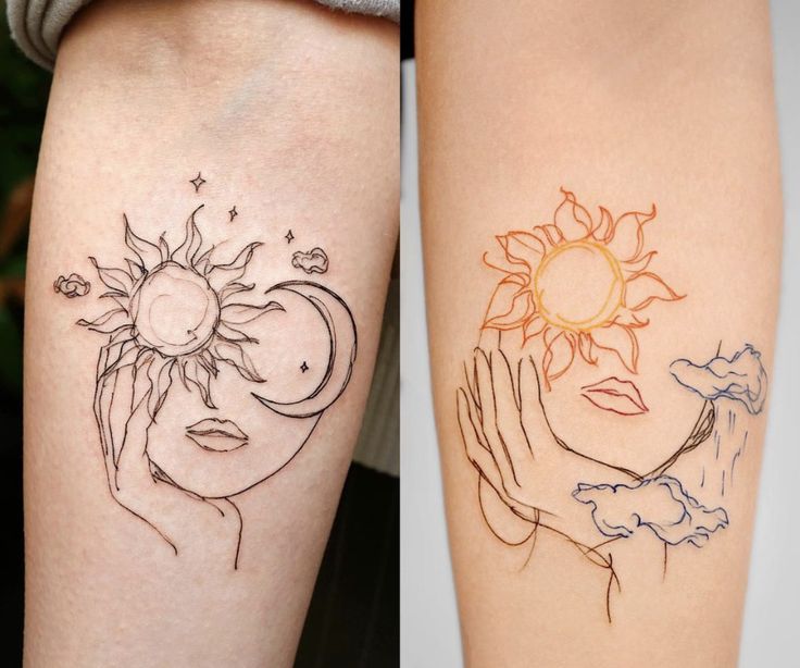 two tattoos on the legs of people with sun, moon and hands tattoo designs above them