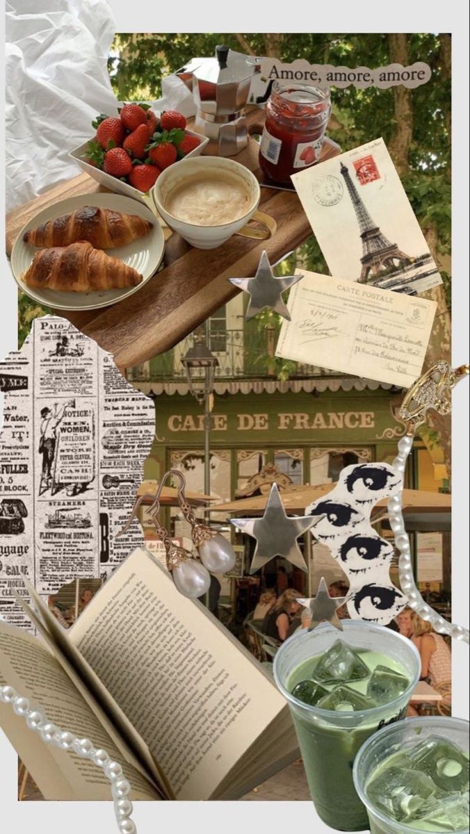 the collage has pictures of food and drinks on it, including an open book