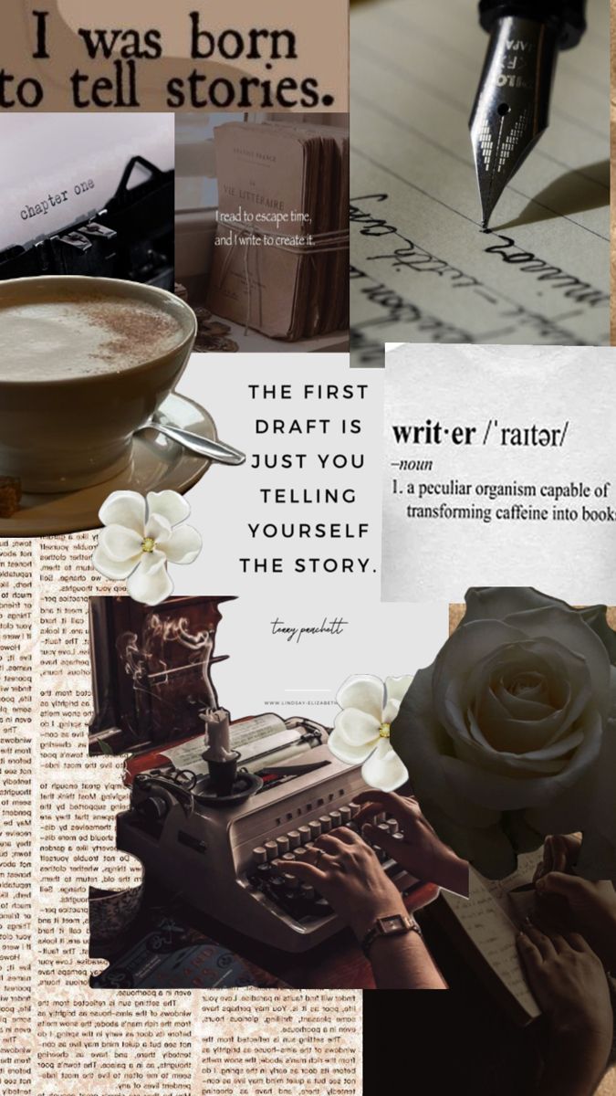 a collage of photos with writing, coffee cup and typewriter on it's page