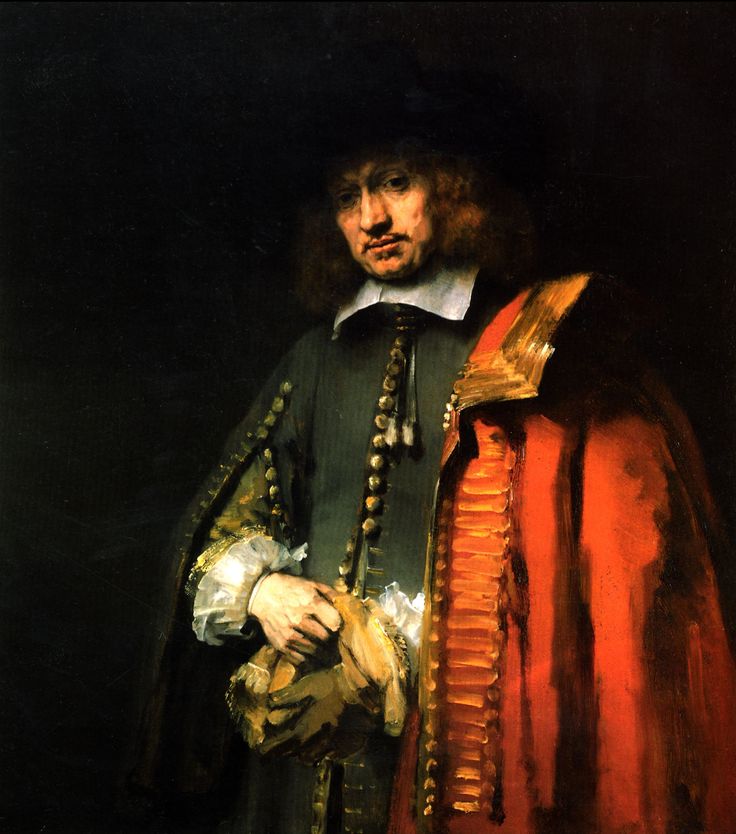 a painting of a man in a black hat and red cloak with beads around his neck