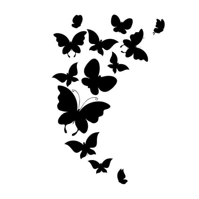 black and white silhouettes of butterflies flying in the air with one wing extended to the ground