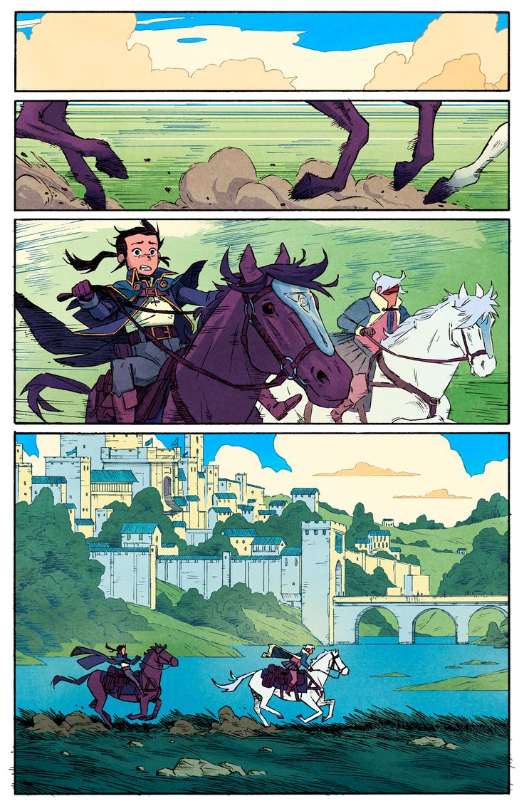 the storyboard shows an image of two people riding horses in front of a castle