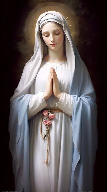 the immaculate mary statue is shown with her hands folded in prayer