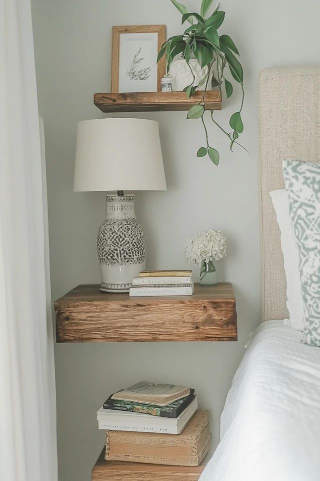 a bedroom with two shelves holding books and a lamp