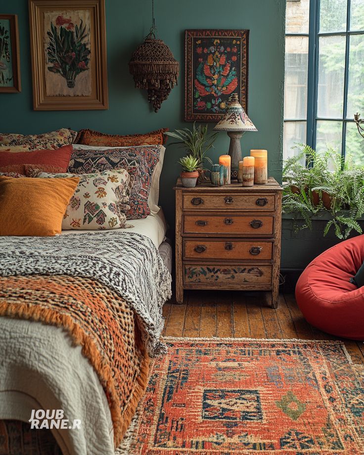 a bed room with a neatly made bed and lots of pillows on the floor next to a window