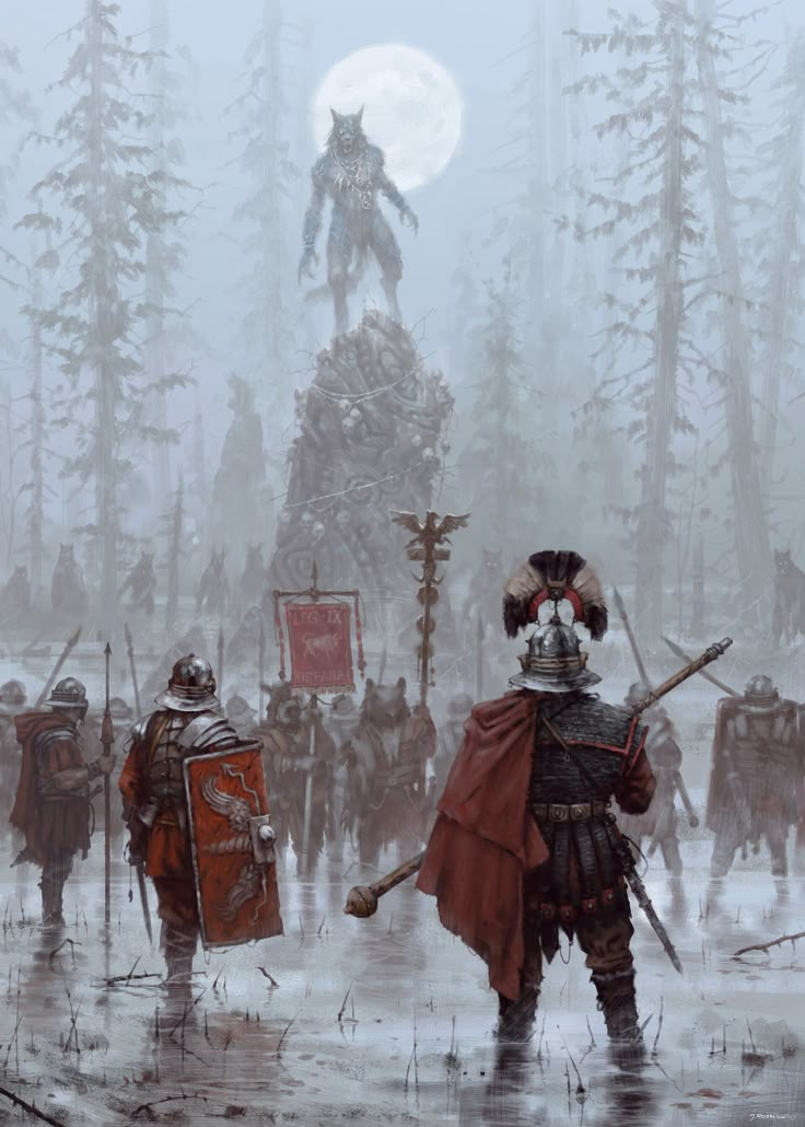 a group of people standing in the middle of a forest with two giant statues behind them