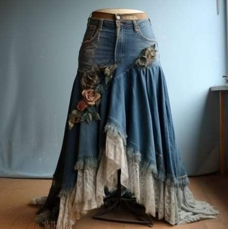 Bohemian Diy Clothes, Diy Clothes Design Dresses, Clothing Upcycle Ideas, Denim Upcycle Clothing, Repurposed Clothing Diy, Whimsy Aesthetic, Jean Dress Outfit, Diy Boho Clothes, Återvinna Jeans