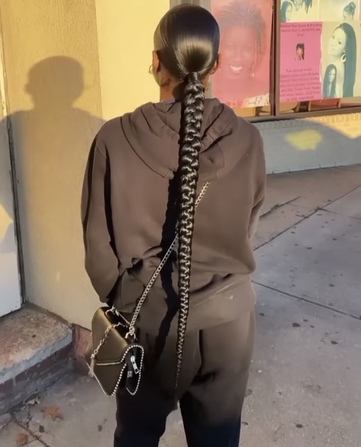 Slick Back Two Braids Ponytail, Slick Black Braided Ponytail, Middle Part Slick Back Ponytail Braid, Back Ponytail Braid, V Part Slick Back Braided Ponytail, Invisible Ponytail With Braid, Slick Back Braided Ponytail Weave Edges, Slick Back With Two Braids, Slick Low Braided Ponytail