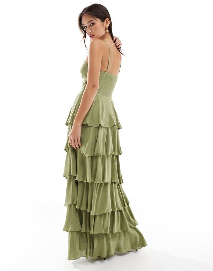 Dresses by Pretty Lavish Let's hear it for the dress Tiered design Square neck Adjustable straps Shirred, stretch panel to back Regular fit Ruffle Dress Long, Green Ruffle Dress, Pretty Lavish, Formal Dresses Graduation, Winter Party Dress, Design Square, Long Sleeve Floral Dress, Satin Slip Dress, Tiered Maxi Dress