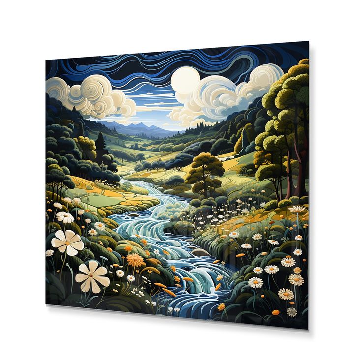 a painting of a river running through a lush green field with flowers on the side