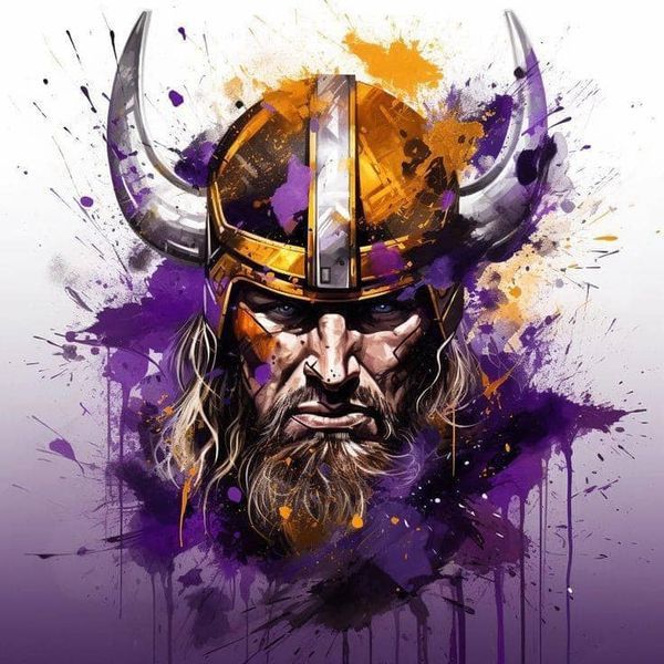 an image of a viking with horns on his head and purple paint splatters